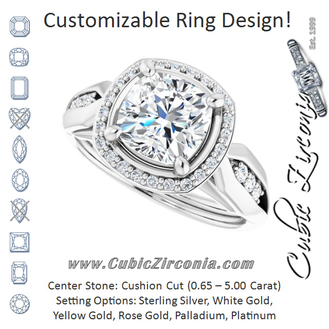 Cubic Zirconia Engagement Ring- The Ina Vaani (Customizable Cathedral-raised Cushion Cut Design with Halo and Tri-Cluster Band Accents)