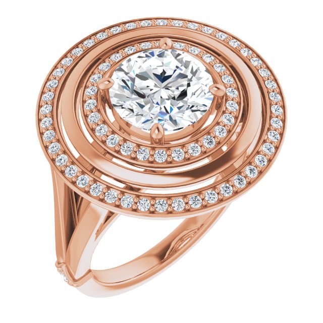 18K Rose Gold Customizable Round Cut Oversized 2x Halo Style with Knuckle Accented Split Band