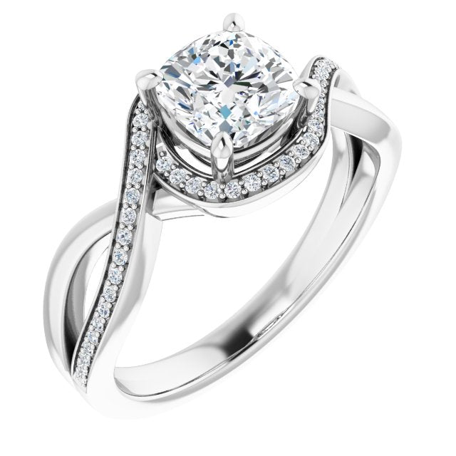 10K White Gold Customizable Bypass-Halo-Accented Cushion Cut Center with Twisting Split Shared Prong Band