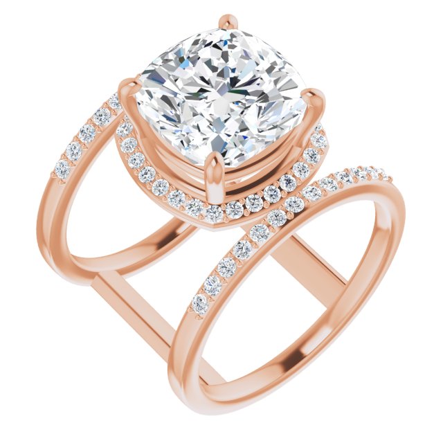 10K Rose Gold Customizable Cushion Cut Halo Design with Open, Ultrawide Harness Double Pavé Band