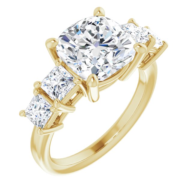 10K Yellow Gold Customizable 5-stone Cushion Cut Style with Quad Princess-Cut Accents
