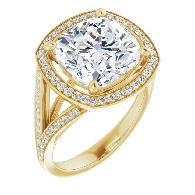 10K Yellow Gold Customizable Cathedral-Halo Cushion Cut Style featuring Split-Shared Prong Band