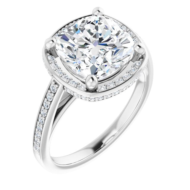 10K White Gold Customizable Cathedral-Halo Cushion Cut Design with Under-halo & Shared Prong Band