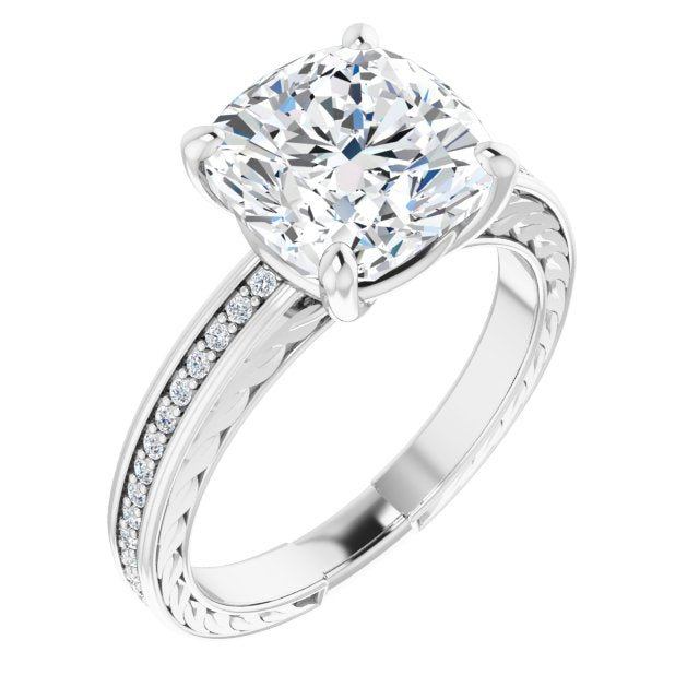 10K White Gold Customizable Cushion Cut Design with Rope-Filigree Hammered Inlay & Round Channel Accents