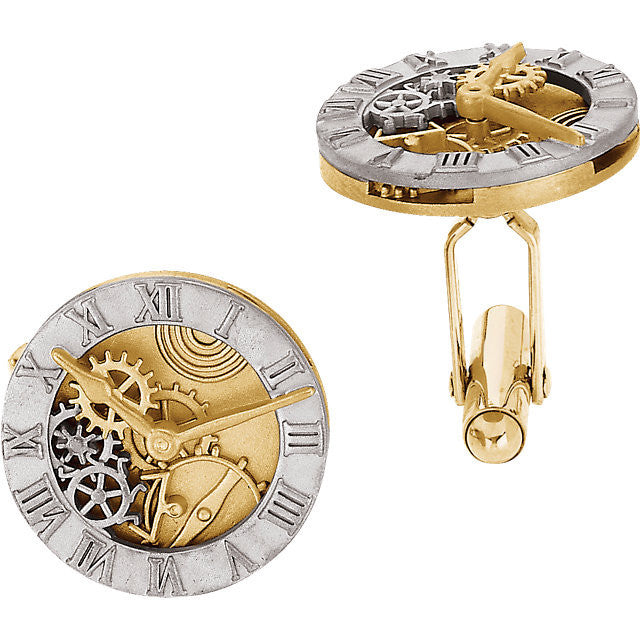 Men’s Cufflinks- 14K Gold Two-Tone Clock Design with Over-sized Setting