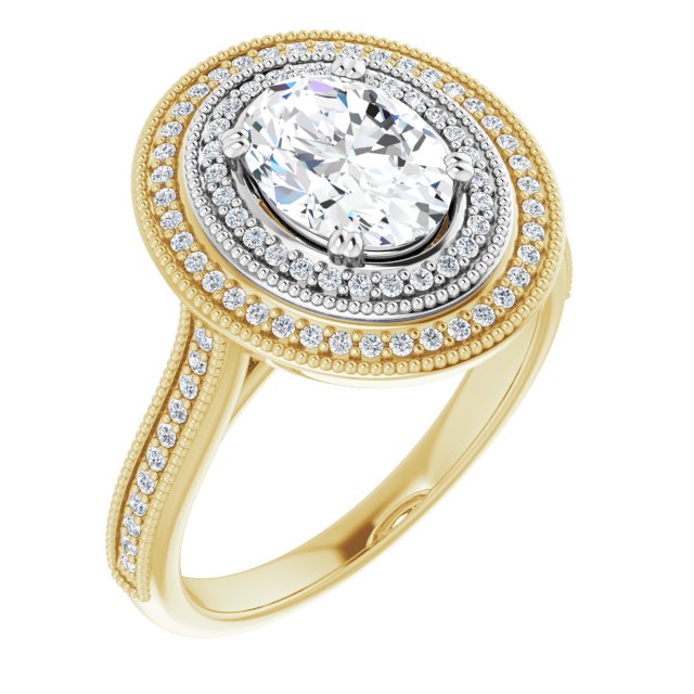 14K Yellow & White Gold Customizable Oval Cut Design with Elegant Double Halo, Houndstooth Milgrain and Band-Channel Accents
