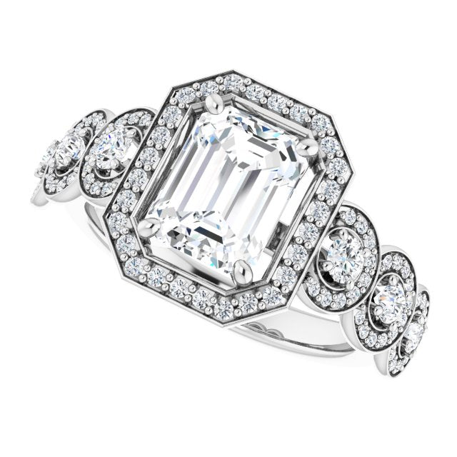 Cubic Zirconia Engagement Ring- The Emma Grace (Customizable Cathedral-set Emerald Cut 7-stone style Enhanced with 7 Halos)