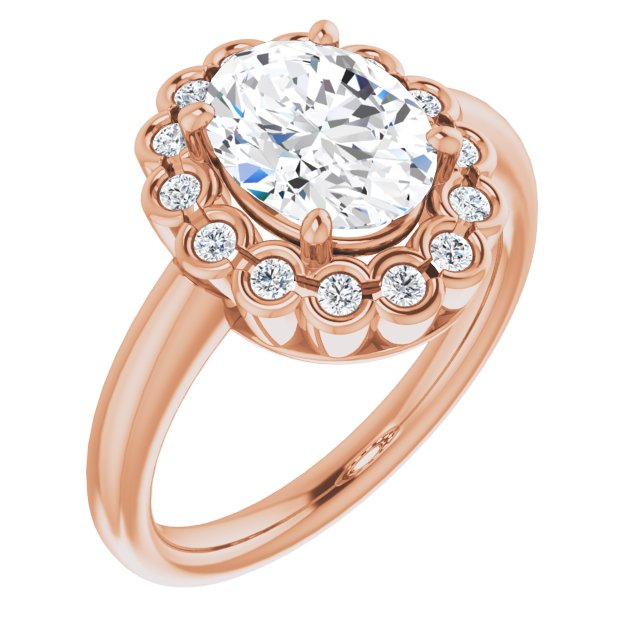 10K Rose Gold Customizable 13-stone Oval Cut Design with Floral-Halo Round Bezel Accents