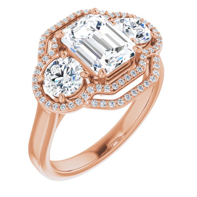 Cubic Zirconia Engagement Ring- The Fritzie (Customizable Cathedral-set Enhanced 3-stone Emerald Cut Design with Multidirectional Halo)