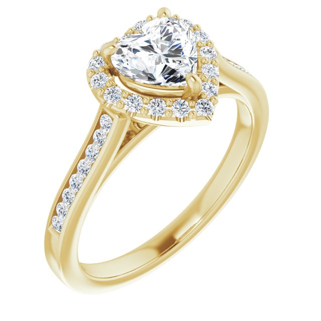 10K Yellow Gold Customizable Heart Cut Design with Halo, Round Channel Band and Floating Peekaboo Accents