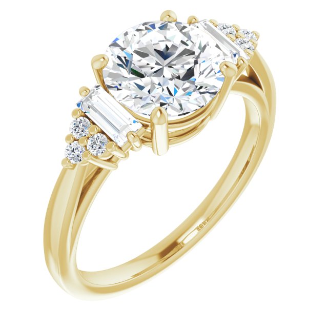 14K Yellow Gold Customizable 9-stone Design with Round Cut Center, Side Baguettes and Tri-Cluster Round Accents