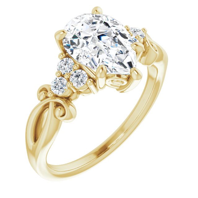 10K Yellow Gold Customizable 7-stone Pear Cut Design with Tri-Cluster Accents and Teardrop Fleur-de-lis Motif