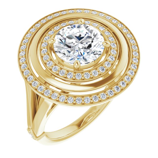 14K Yellow Gold Customizable Round Cut Oversized 2x Halo Style with Knuckle Accented Split Band