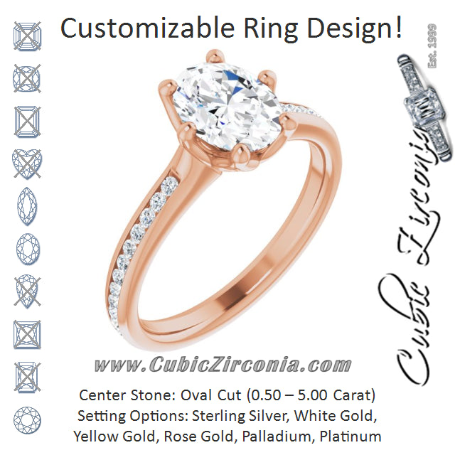 Cubic Zirconia Engagement Ring- The Alyssa Love (Customizable 6-prong Oval Cut Design with Round Channel Accents)