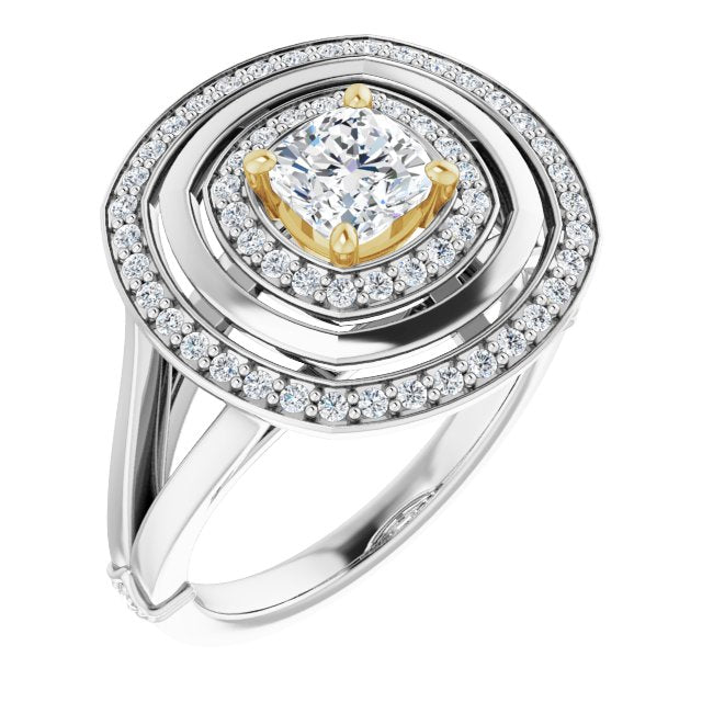 14K White & Yellow Gold Customizable Cushion Cut Oversized 2x Halo Style with Knuckle Accented Split Band