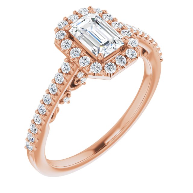 10K Rose Gold Customizable Cathedral-Halo Emerald/Radiant Cut Design with Carved Metal Accent plus Pavé Band