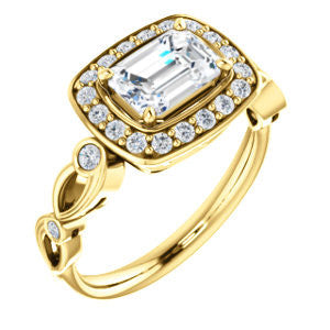 CZ Wedding Set, featuring The Madison engagement ring (Customizable Emerald Cut Design with Halo and Bezel-Accented Infinity-inspired Split Band)