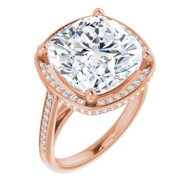 10K Rose Gold Customizable Cathedral-Halo Cushion Cut Design with Under-halo & Shared Prong Band