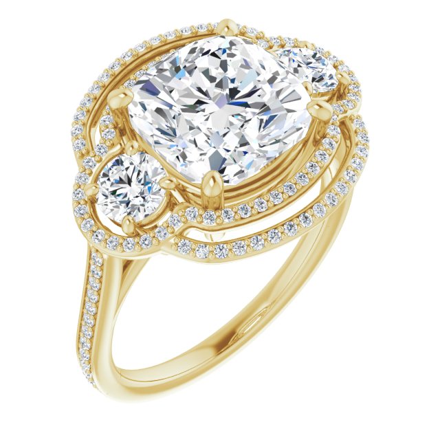 10K Yellow Gold Customizable Enhanced 3-stone Double-Halo Style with Cushion Cut Center and Thin Band