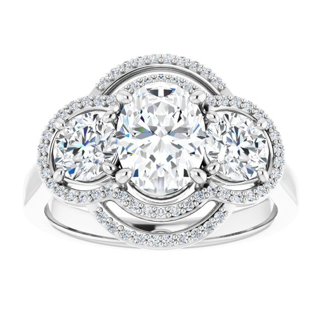 Cubic Zirconia Engagement Ring- The Fritzie (Customizable Cathedral-set Enhanced 3-stone Oval Cut Design with Multidirectional Halo)