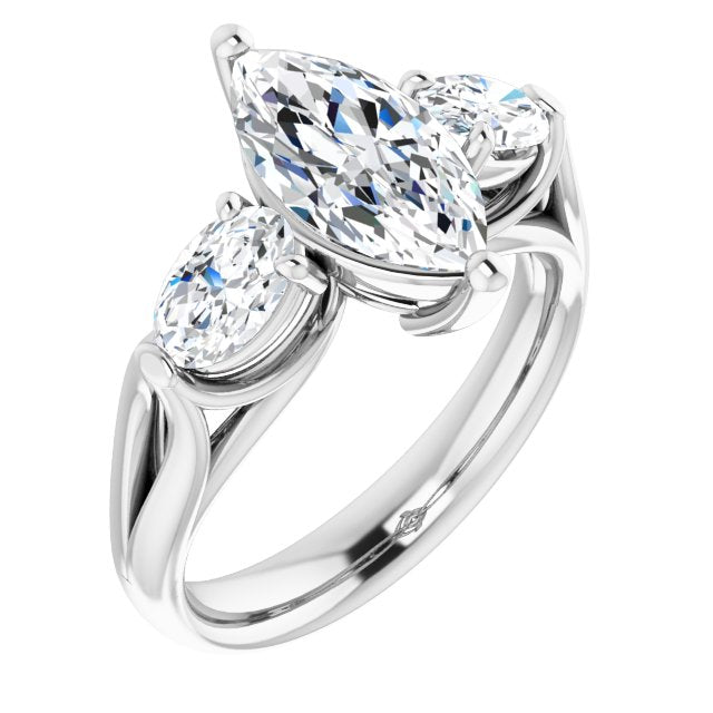 Cubic Zirconia Engagement Ring- The Alondra (Customizable Cathedral-set 3-stone Marquise Cut Style with Dual Oval Cut Accents & Wide Split Band)