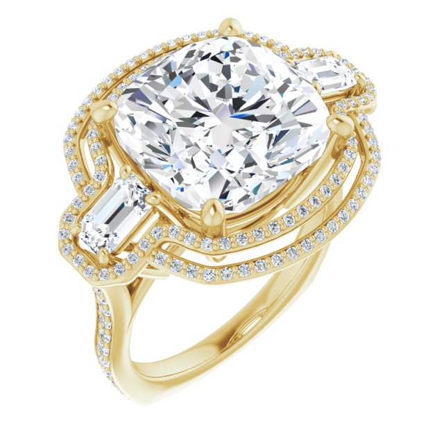 10K Yellow Gold Customizable Enhanced 3-stone Style with Cushion Cut Center, Emerald Cut Accents, Double Halo and Thin Shared Prong Band
