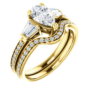 CZ Wedding Set, featuring The Hazel Rae engagement ring (Customizable Pear Cut Design with Quad Baguette Accents and Pavé Band)