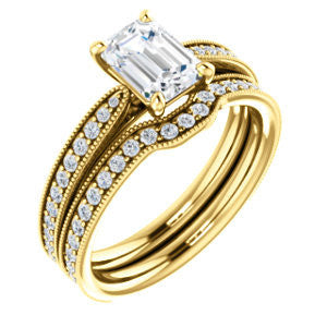 CZ Wedding Set, featuring The Brooklynn engagement ring (Customizable Emerald Cut with Cathedral Setting and Milgrained Pavé Band)