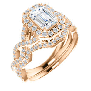 CZ Wedding Set, featuring The Benita engagement ring (Customizable Emerald Cut with Infinity Split-band Pavé and Halo)