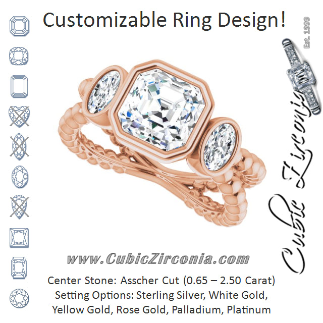Cubic Zirconia Engagement Ring- The a'Malisa (Customizable 3-stone Asscher Cut Design with 2 Oval Cut Side Stones and Wide, Bubble-Bead Split-Band)