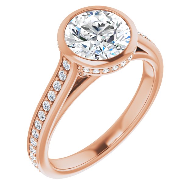 10K Rose Gold Customizable Cathedral-Bezel Round Cut Design with Under Halo and Shared Prong Band