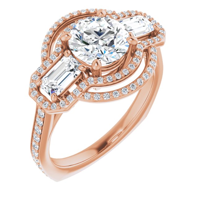 10K Rose Gold Customizable Enhanced 3-stone Style with Round Cut Center, Emerald Cut Accents, Double Halo and Thin Shared Prong Band