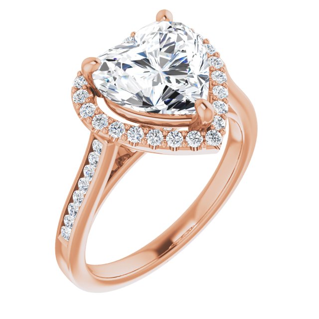 10K Rose Gold Customizable Heart Cut Design with Halo, Round Channel Band and Floating Peekaboo Accents