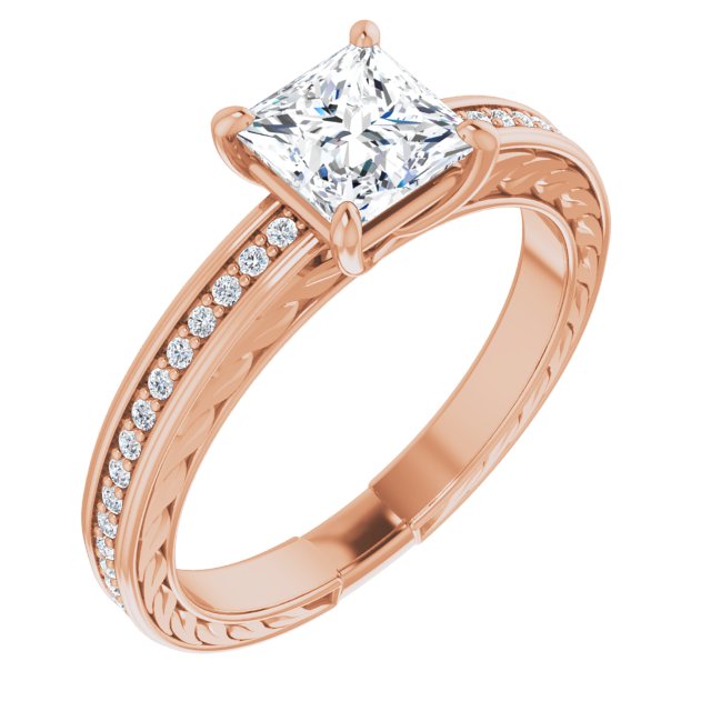10K Rose Gold Customizable Princess/Square Cut Design with Rope-Filigree Hammered Inlay & Round Channel Accents