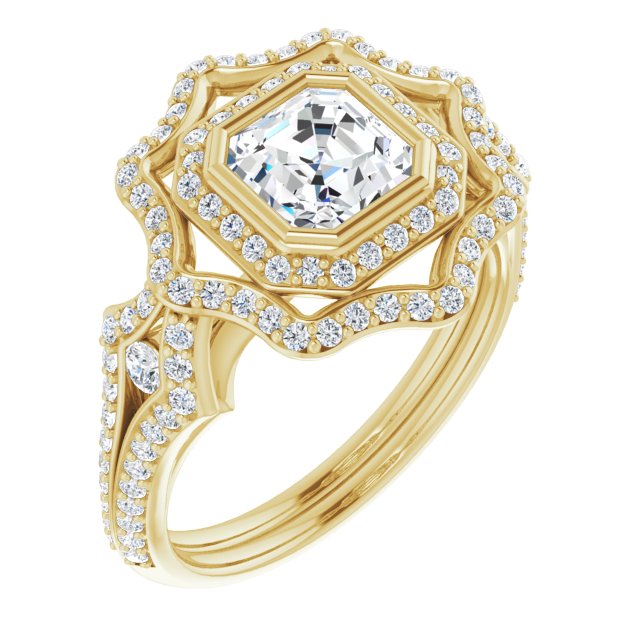 10K Yellow Gold Customizable Asscher Cut Style with Ultra-wide Pavé Split-Band and Nature-Inspired Double Halo