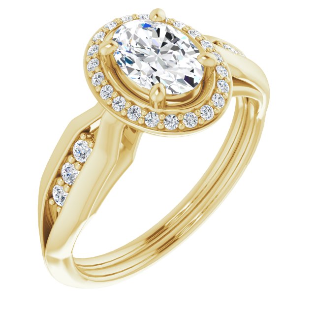 10K Yellow Gold Customizable Cathedral-raised Oval Cut Design with Halo and Tri-Cluster Band Accents