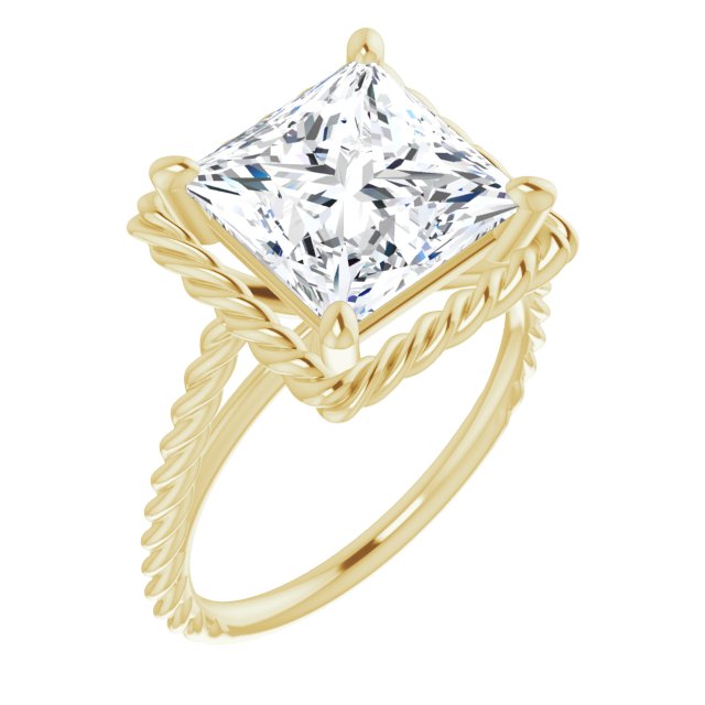 10K Yellow Gold Customizable Cathedral-set Princess/Square Cut Solitaire with Thin Rope-Twist Band