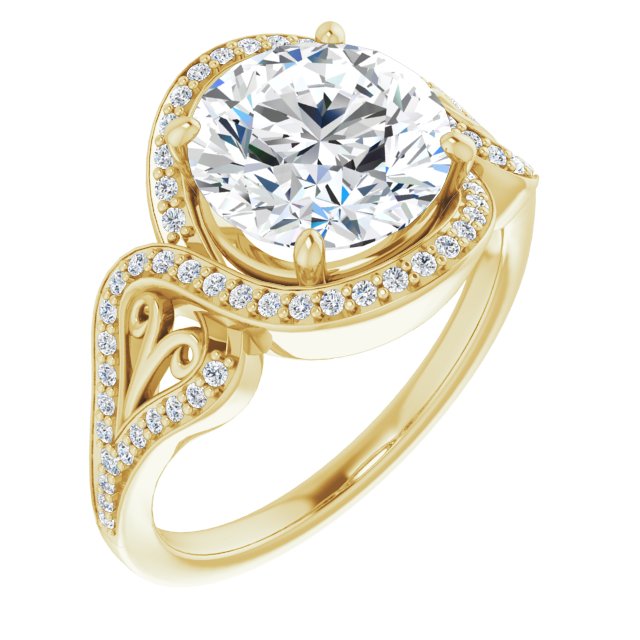 10K Yellow Gold Customizable Round Cut Design with Bypass Halo and Split-Shared Prong Band