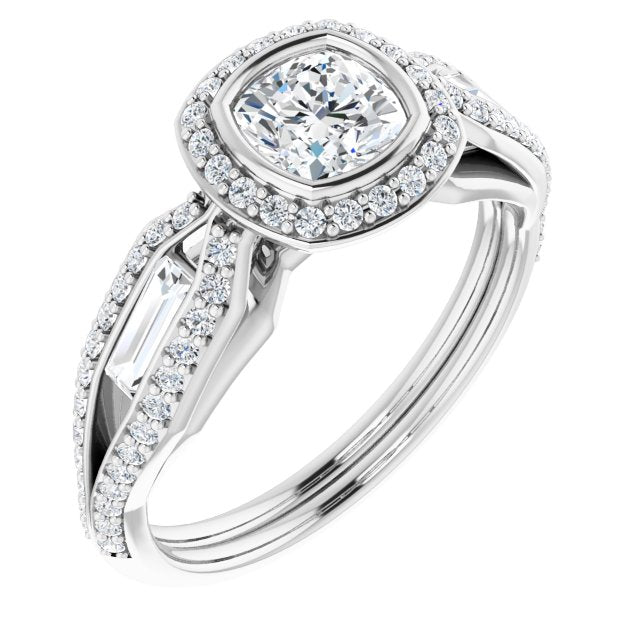 10K White Gold Customizable Cathedral-Bezel Cushion Cut Design with Halo, Split-Pavé Band & Channel Baguettes