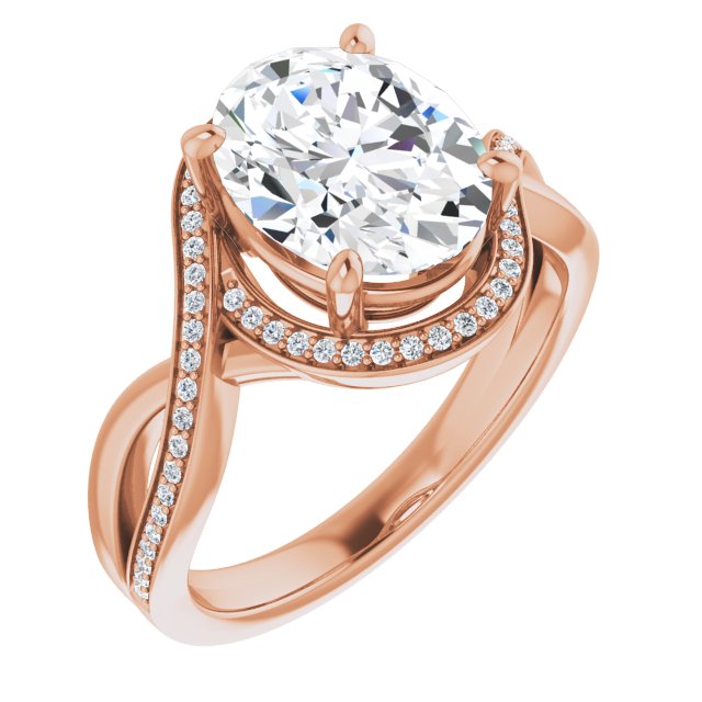 10K Rose Gold Customizable Bypass-Halo-Accented Oval Cut Center with Twisting Split Shared Prong Band