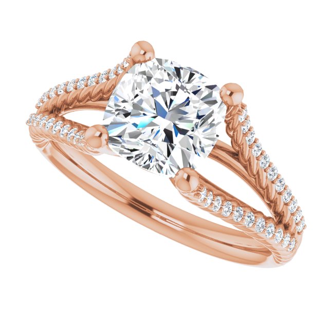 Cubic Zirconia Engagement Ring- The Contessa (Customizable Cushion Cut Style with Split Band and Rope-Pavé)