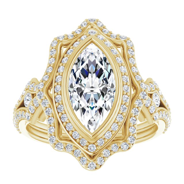 Cubic Zirconia Engagement Ring- The Arya (Customizable Marquise Cut Style with Ultra-wide Pavé Split-Band and Nature-Inspired Double Halo)