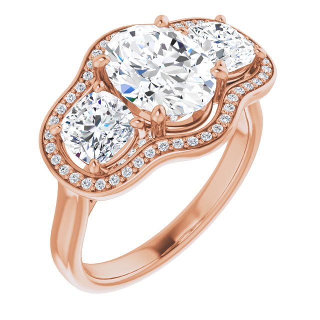 10K Rose Gold Customizable 3-stone Design with Oval Cut Center, Cushion Side Stones, Triple Halo and Bridge Under-halo