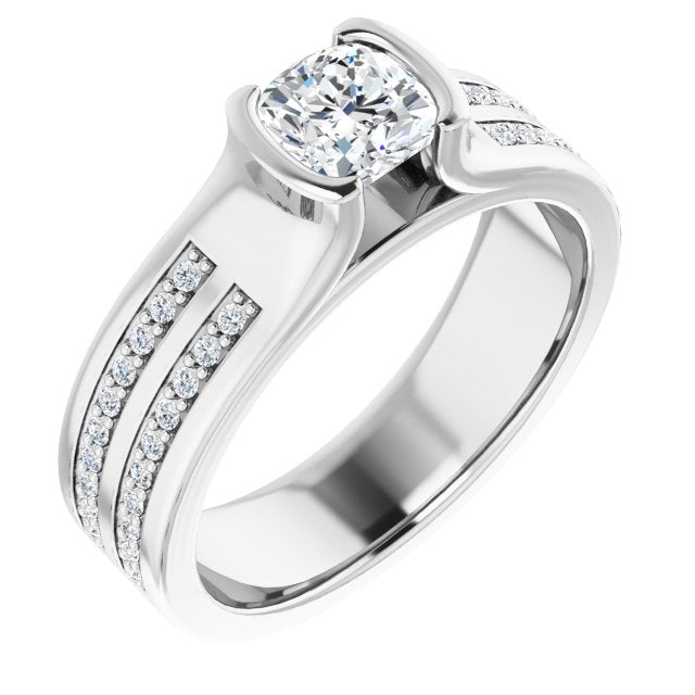 10K White Gold Customizable Bezel-set Cushion Cut Design with Thick Band featuring Double-Row Shared Prong Accents
