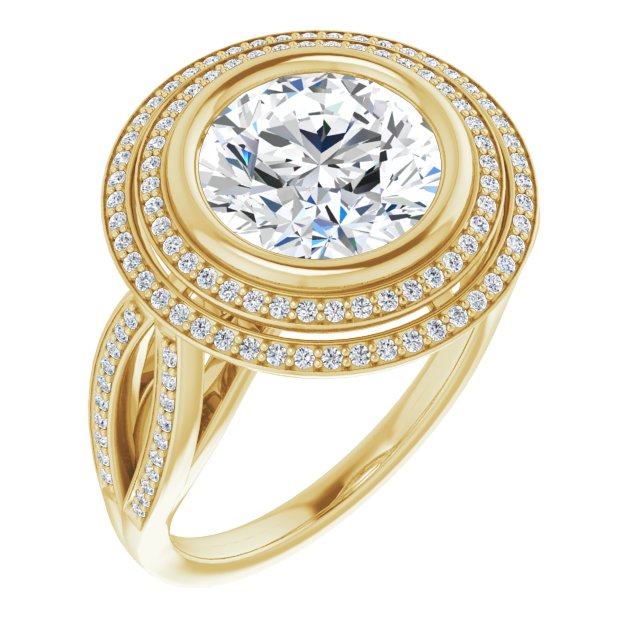 14K Yellow Gold Customizable Bezel-set Round Cut Style with Double Halo and Split Shared Prong Band