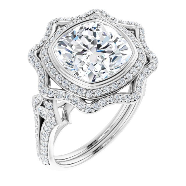 10K White Gold Customizable Cushion Cut Style with Ultra-wide Pavé Split-Band and Nature-Inspired Double Halo
