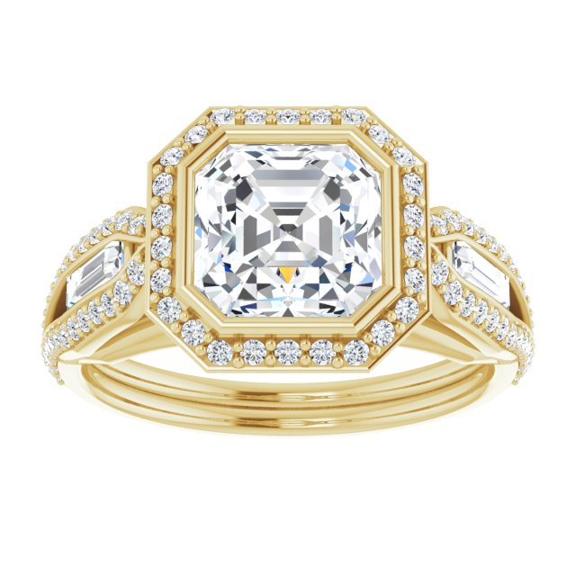 Cubic Zirconia Engagement Ring- The Alekhya (Customizable Cathedral-Bezel Asscher Cut Design with Halo, Split-Pavé Band & Channel Baguettes)