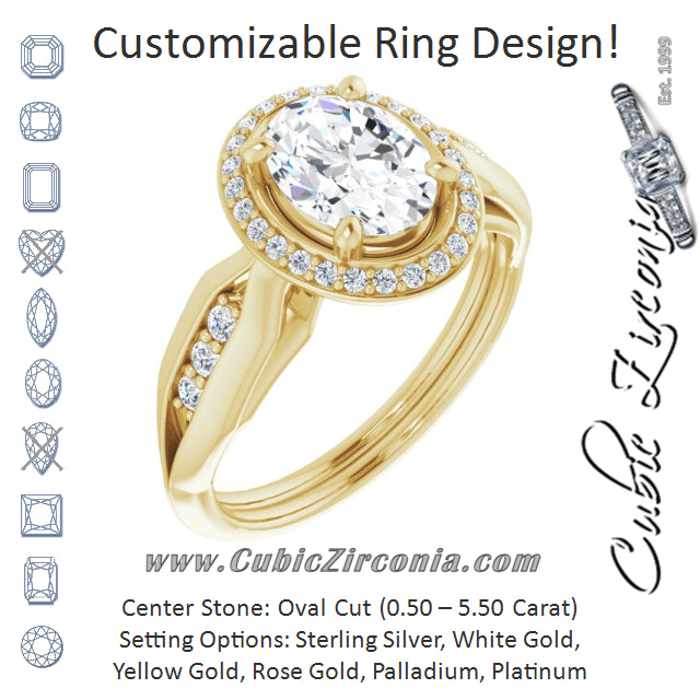 Cubic Zirconia Engagement Ring- The Ina Vaani (Customizable Cathedral-raised Oval Cut Design with Halo and Tri-Cluster Band Accents)