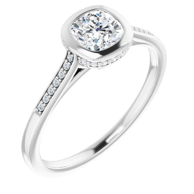 10K White Gold Customizable Cathedral-Bezel Cushion Cut Style with Under-halo and Shared Prong Band