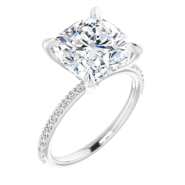 10K White Gold Customizable Cushion Cut Style with Delicate Pavé Band